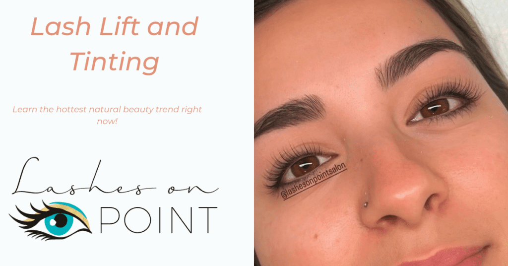 Gray Minimal Female Fashion Facebook Ad (1) Close-up of a woman’s eyes after a lash lift and tint, showing lifted, darkened natural lashes with a clean, natural look.