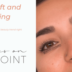Close-up of a woman’s eyes after a lash lift and tint, showing lifted, darkened natural lashes with a clean, natural look.