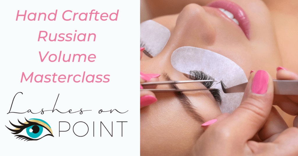 Gray Minimal Female Fashion Facebook Ad (2) Close-up of a lash artist applying handcrafted Russian Volume eyelash extensions using tweezers on a client’s closed eye with under-eye pads.