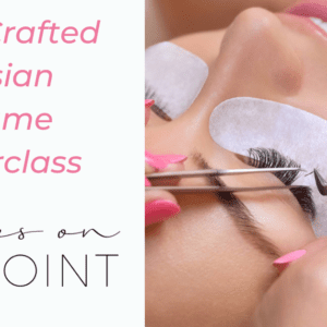 Close-up of a lash artist applying handcrafted Russian Volume eyelash extensions using tweezers on a client’s closed eye with under-eye pads.