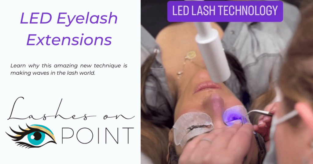 LED thumbnail A client receiving LED eyelash extensions with purple curing light applied to the lashes at Lashes On Point salon.