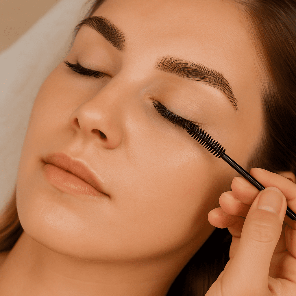 Close-up of a relaxed woman with closed eyes while a lash technician gently brushes her eyelash extensions using a black mascara wand at Lashes On Point salon.