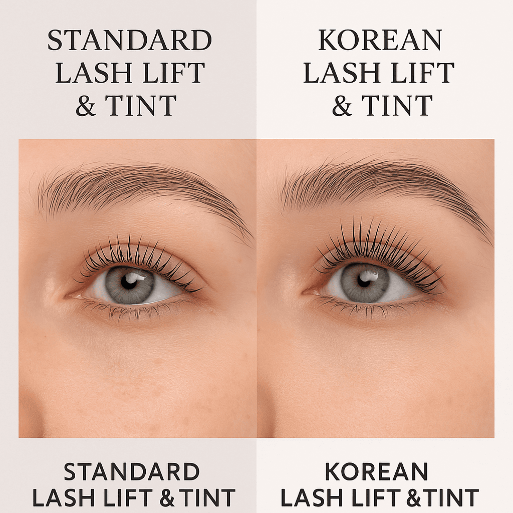 Client lash comparison showing results of Korean Lash Lift vs standard lash lift at Lashes On Point Salon in Mill Park