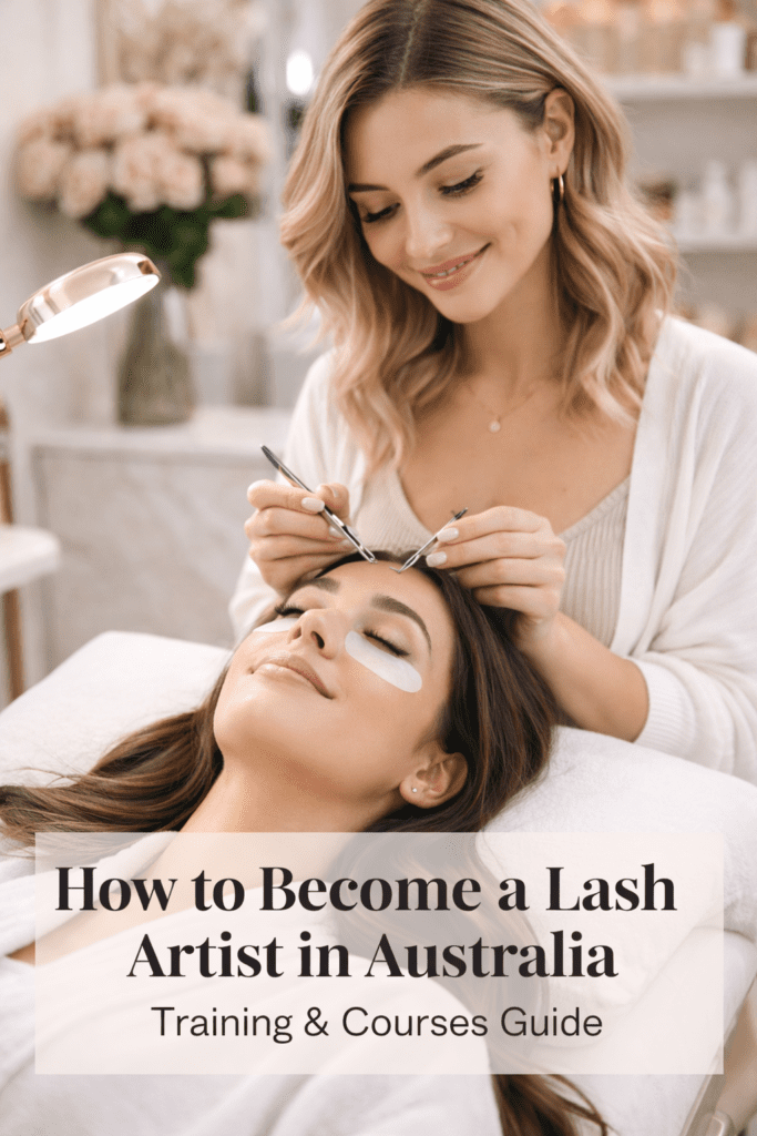 Lash artist applying eyelash extensions to a relaxed client in a professional beauty salon during a luxury lash service