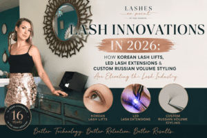 Nina Andrews at Lashes On Point promoting lash innovations in 2026 including Korean lash lifts, LED eyelash extensions and custom Russian Volume styling in Melbourne.