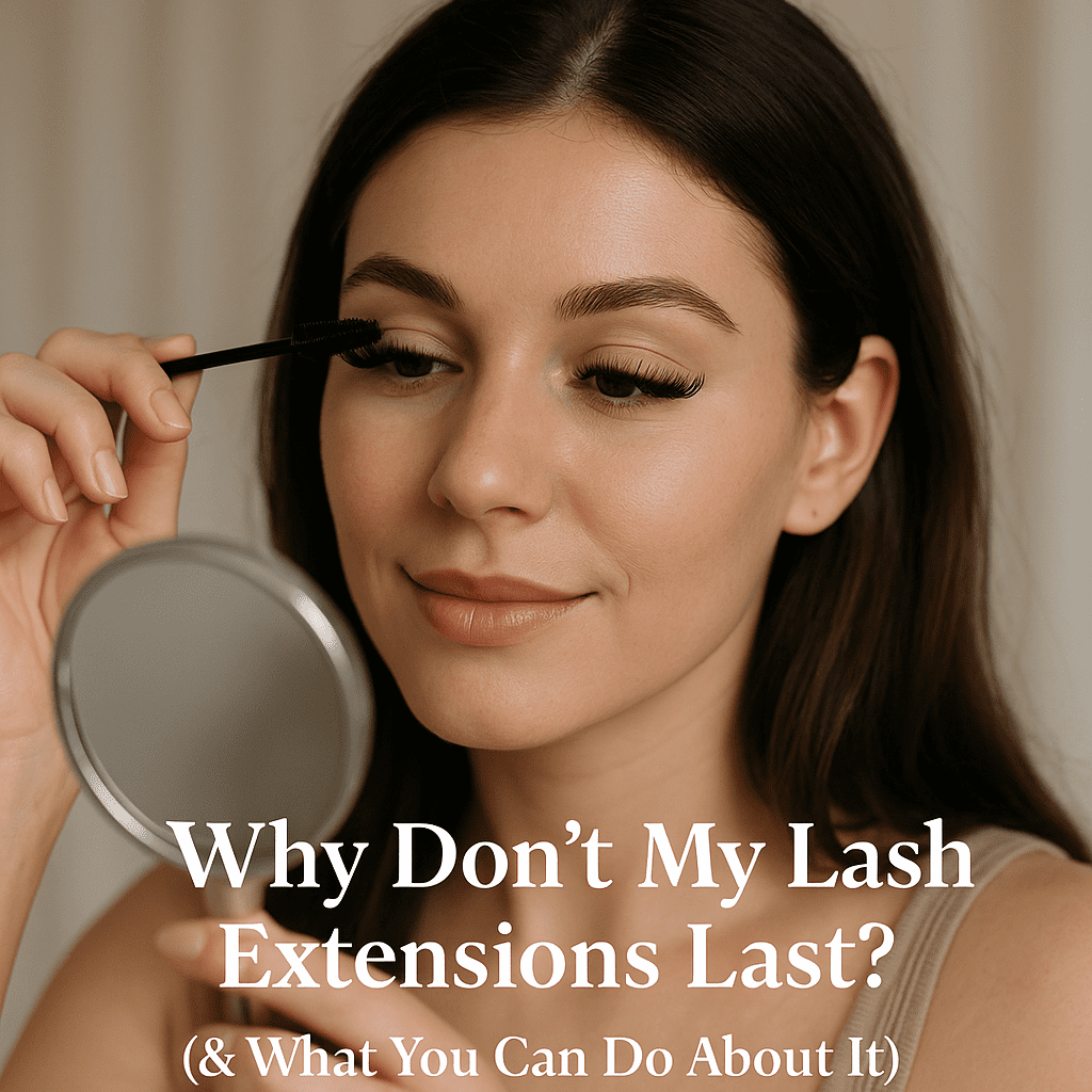 Woman brushing her eyelash extensions while looking into a hand mirror