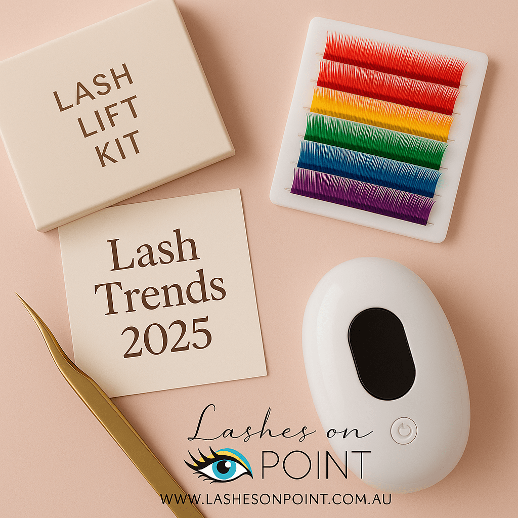 Flat lay featuring a lash lift kit, rainbow coloured lash extensions, LED lash curing device, gold tweezers, and “Lash Trends 2025” card with Lashes On Point logo.
