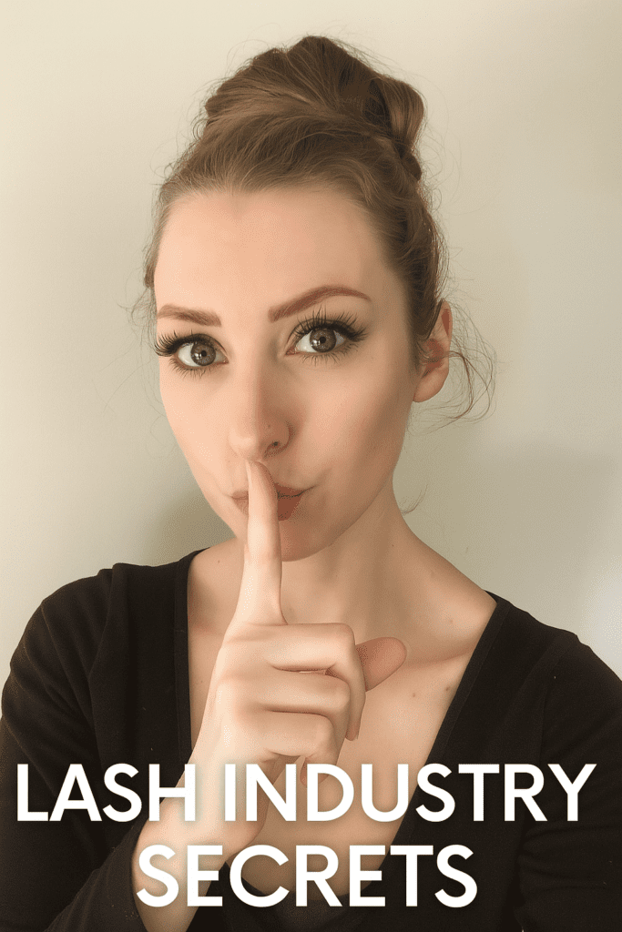 Woman with lashes pressing finger to lips in “shhh” gesture, symbolising lash industry secrets