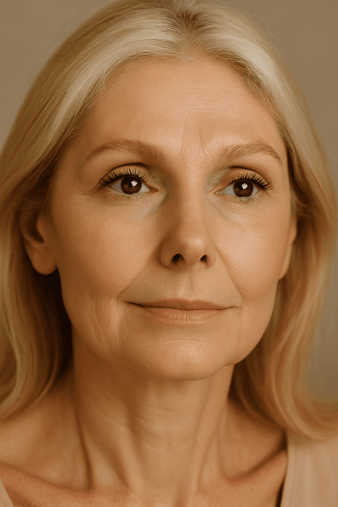 A close-up of a mature woman in her 50s with soft blonde hair, wearing a subtle, natural-looking set of eyelash extensions that enhance her eyes without appearing heavy or overdone.