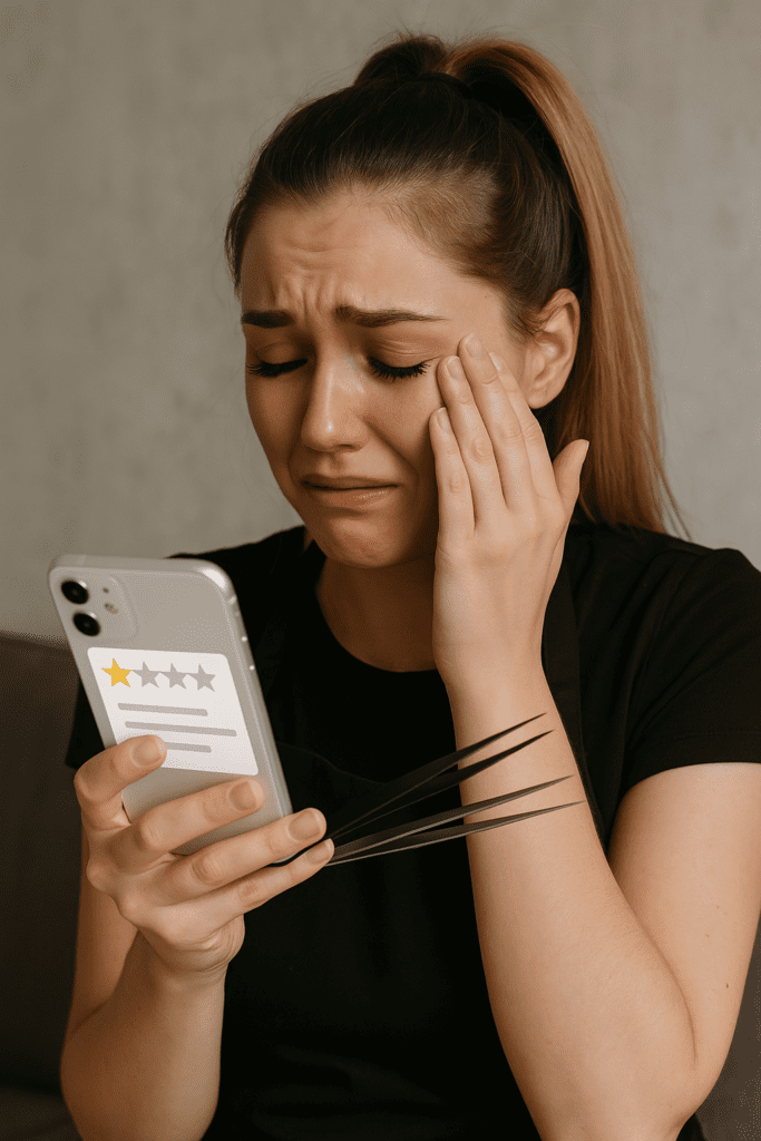 Young female lash technician crying while reading a one-star review on her phone, wearing a black uniform and holding tweezers.