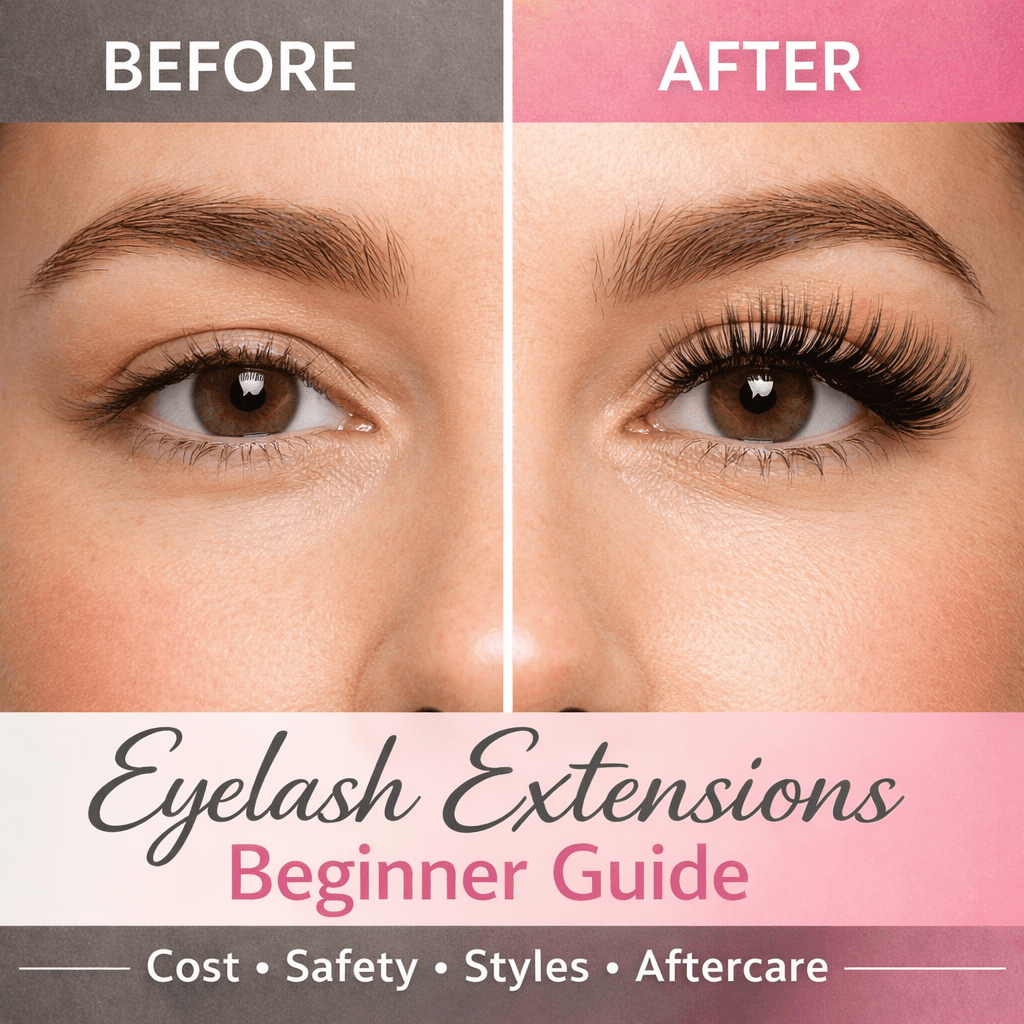 Before and after eyelash extensions showing natural lashes transformed with volume lash extensions
