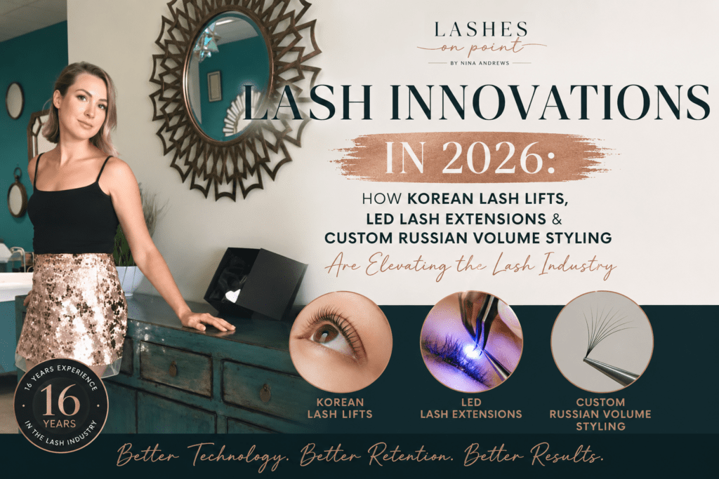 Nina Andrews at Lashes On Point promoting lash innovations in 2026 including Korean lash lifts, LED eyelash extensions and custom Russian Volume styling in Melbourne.